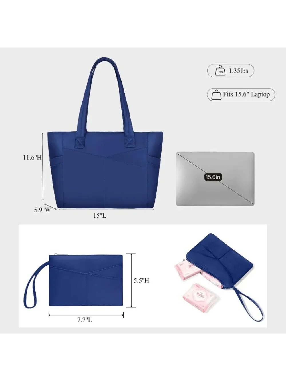 👜Women's Navy Blue Nylon Large Tote Bag With Zipper 15.6 Laptop Sleeve Work Bag